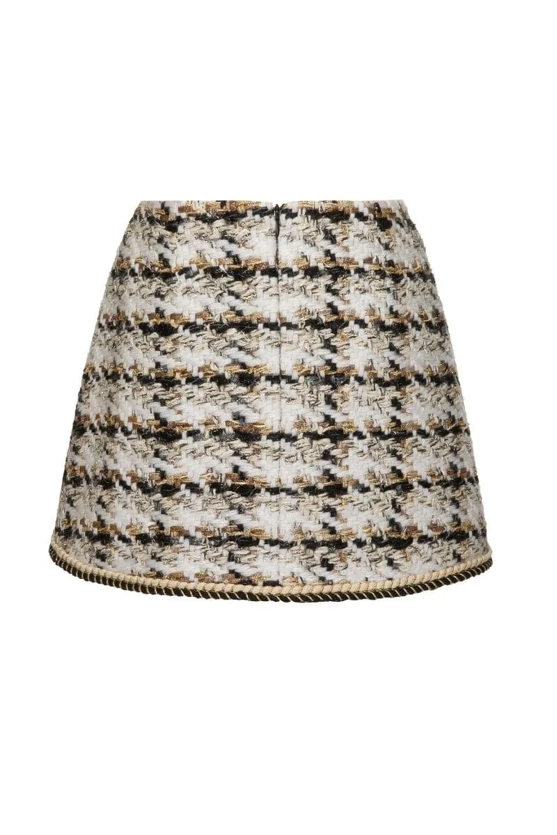CHECKERED WHITE SCALOP EDGE WOOL-BLEND MINI SKIRT