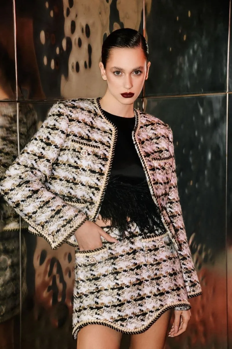 CHECKERED WHITE SCALOP EDGE WOOL-BLEND MINI SKIRT