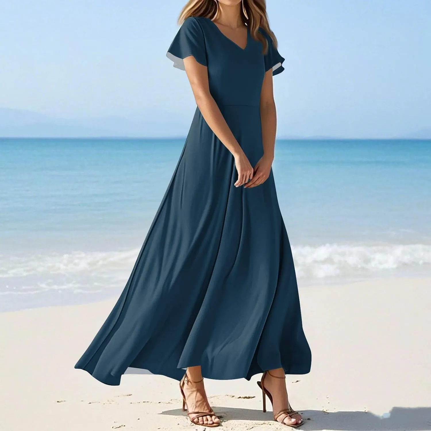 Chiffon Dresses for Women Swing Flowy Ruffle Hem Swing Womens Dresses Holiday Dress Summer Beach Casual Dresses