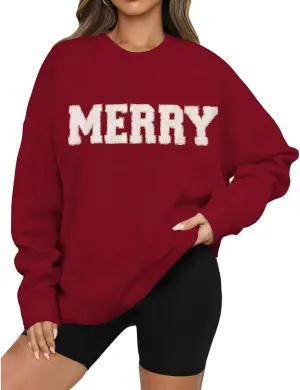 Christmas Sweatshirts for Women 2024 Oversized Merry Sweatshirt Long Sleeve Crewneck Sweatshirt Pullover Xmas Tops