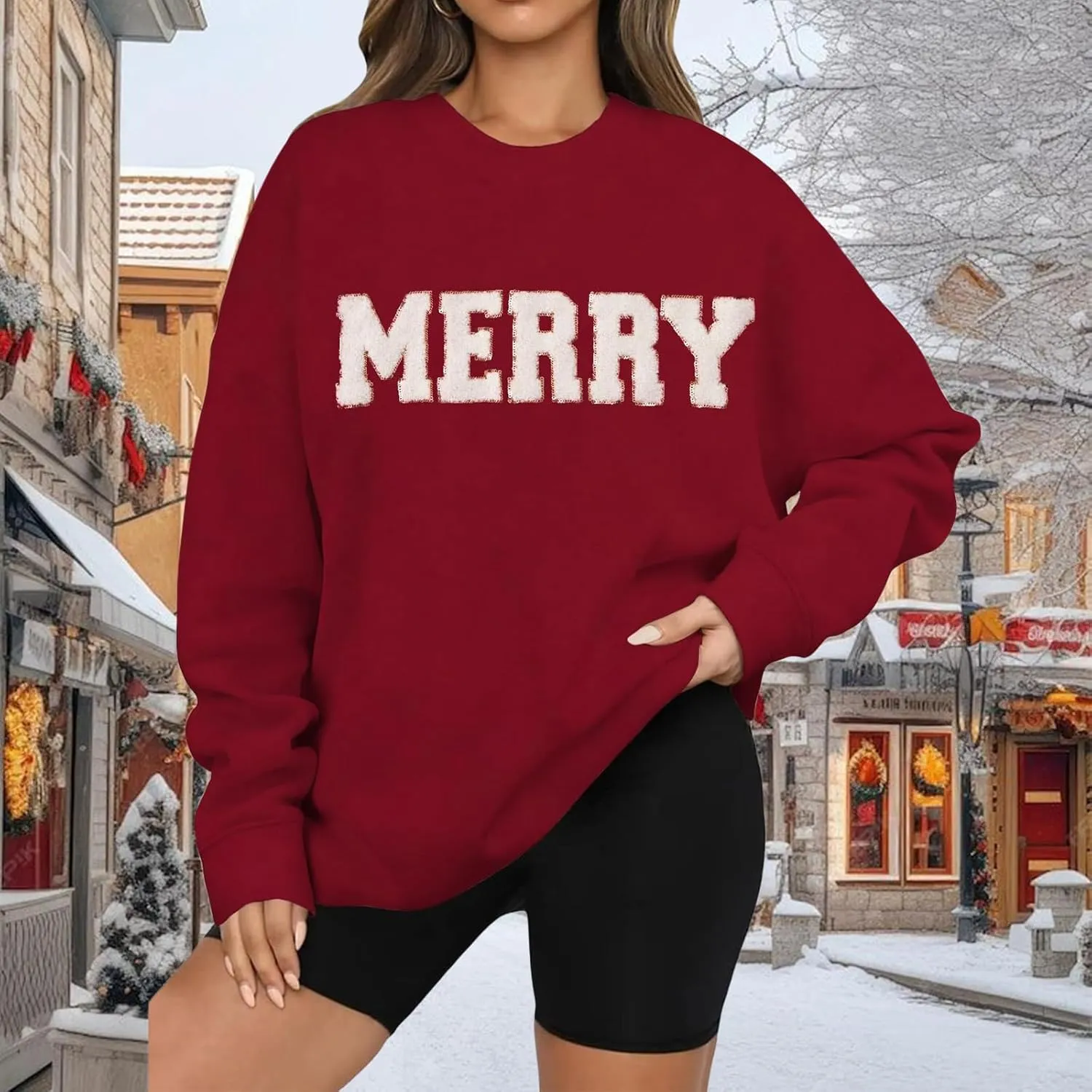 Christmas Sweatshirts for Women 2024 Oversized Merry Sweatshirt Long Sleeve Crewneck Sweatshirt Pullover Xmas Tops