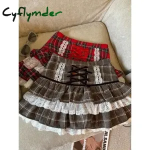 Cyflymder Kawaii Ruffle Lace Plaid Skirts Women Sweet Elegant Mini Skirt Cutecore Autumn Winter Patchwork A-line Short Skirts