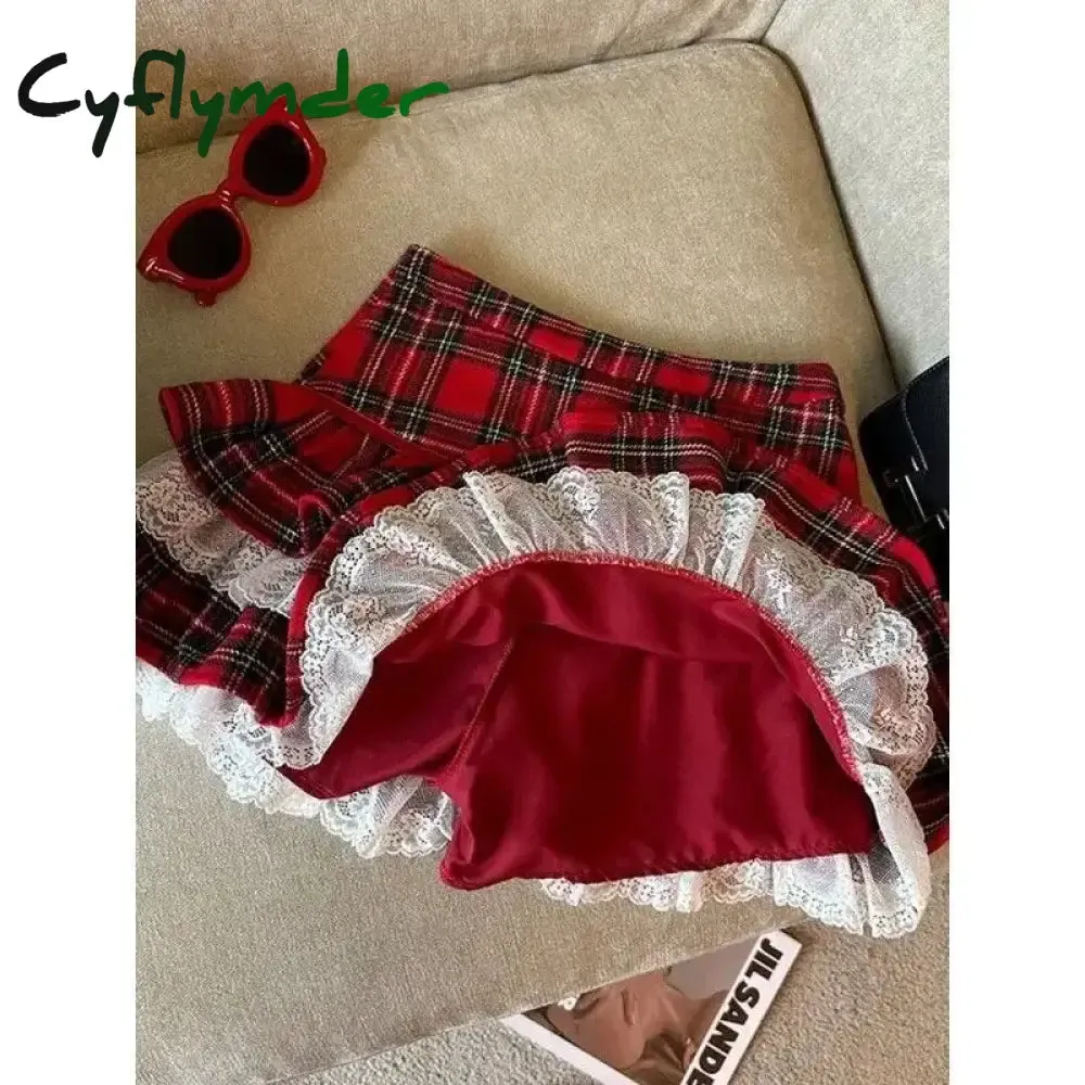 Cyflymder Kawaii Ruffle Lace Plaid Skirts Women Sweet Elegant Mini Skirt Cutecore Autumn Winter Patchwork A-line Short Skirts