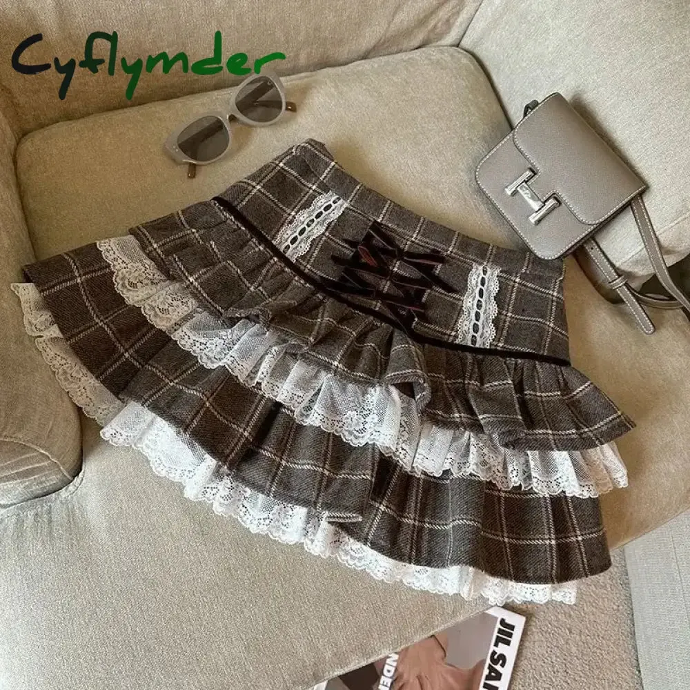 Cyflymder Kawaii Ruffle Lace Plaid Skirts Women Sweet Elegant Mini Skirt Cutecore Autumn Winter Patchwork A-line Short Skirts