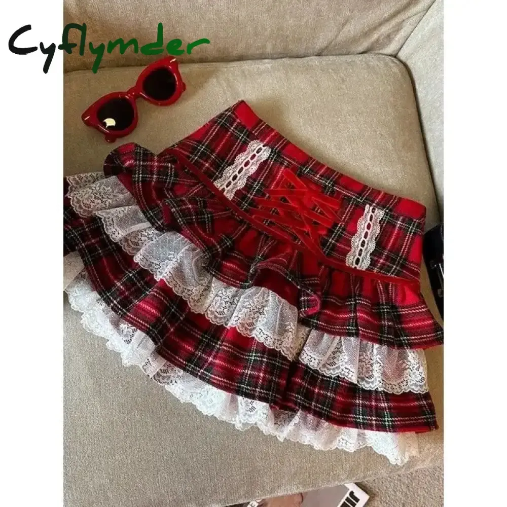 Cyflymder Kawaii Ruffle Lace Plaid Skirts Women Sweet Elegant Mini Skirt Cutecore Autumn Winter Patchwork A-line Short Skirts