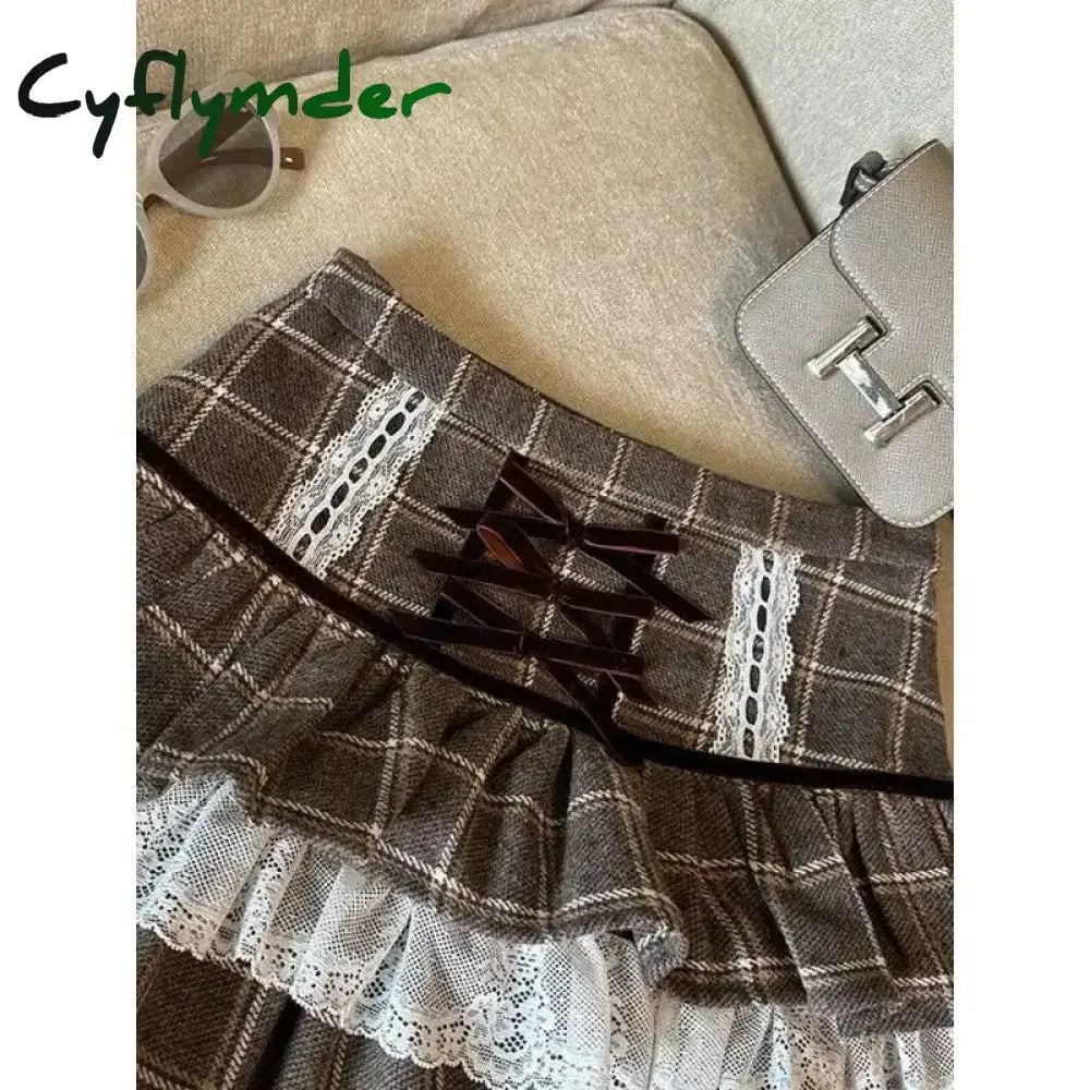Cyflymder Kawaii Ruffle Lace Plaid Skirts Women Sweet Elegant Mini Skirt Cutecore Autumn Winter Patchwork A-line Short Skirts