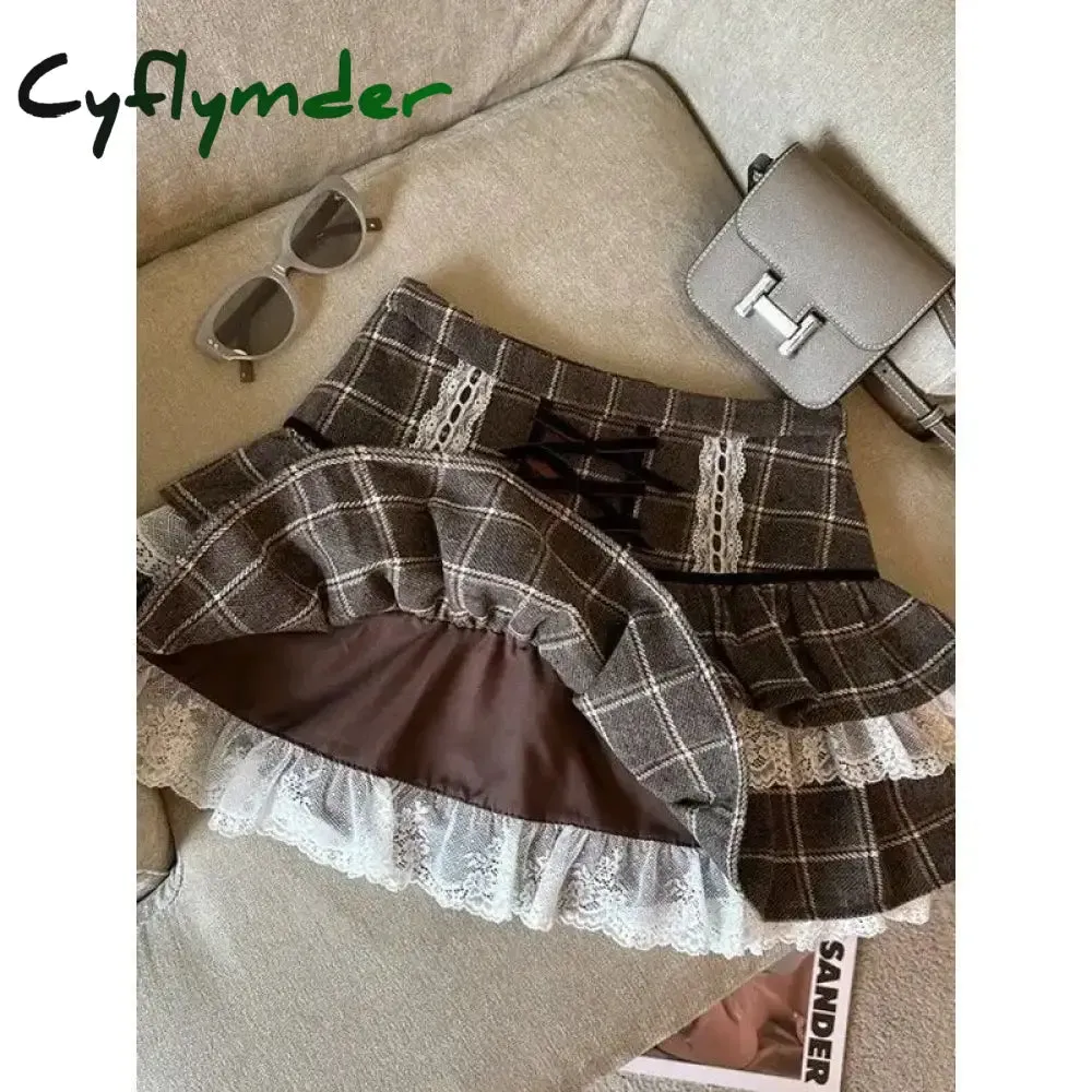 Cyflymder Kawaii Ruffle Lace Plaid Skirts Women Sweet Elegant Mini Skirt Cutecore Autumn Winter Patchwork A-line Short Skirts