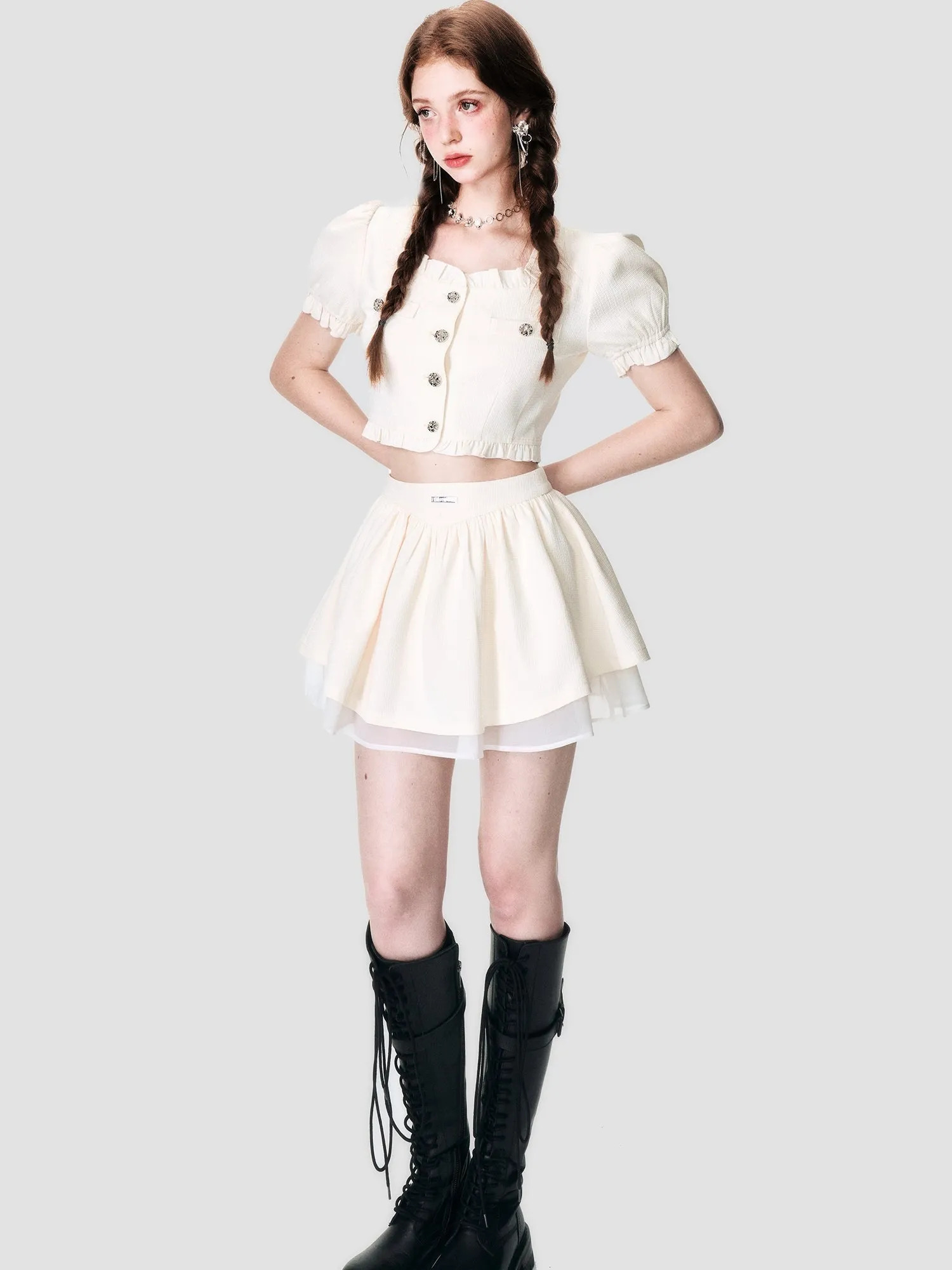 Elegant Lace Chiffon Blouse & Mini-Skirt Set