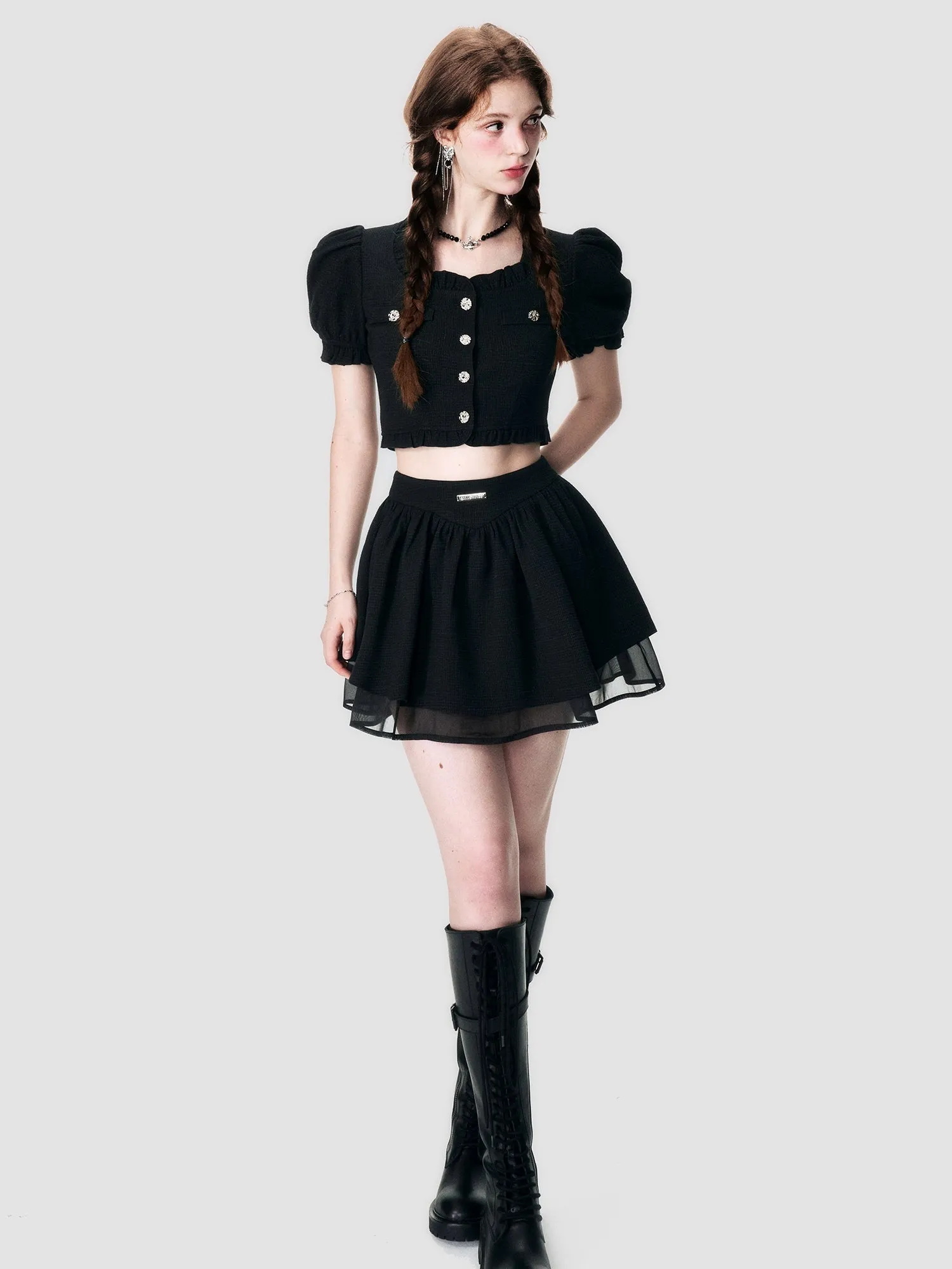 Elegant Lace Chiffon Blouse & Mini-Skirt Set