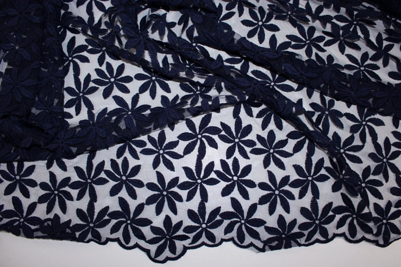 Embroidered Floral Mesh Lace - Navy