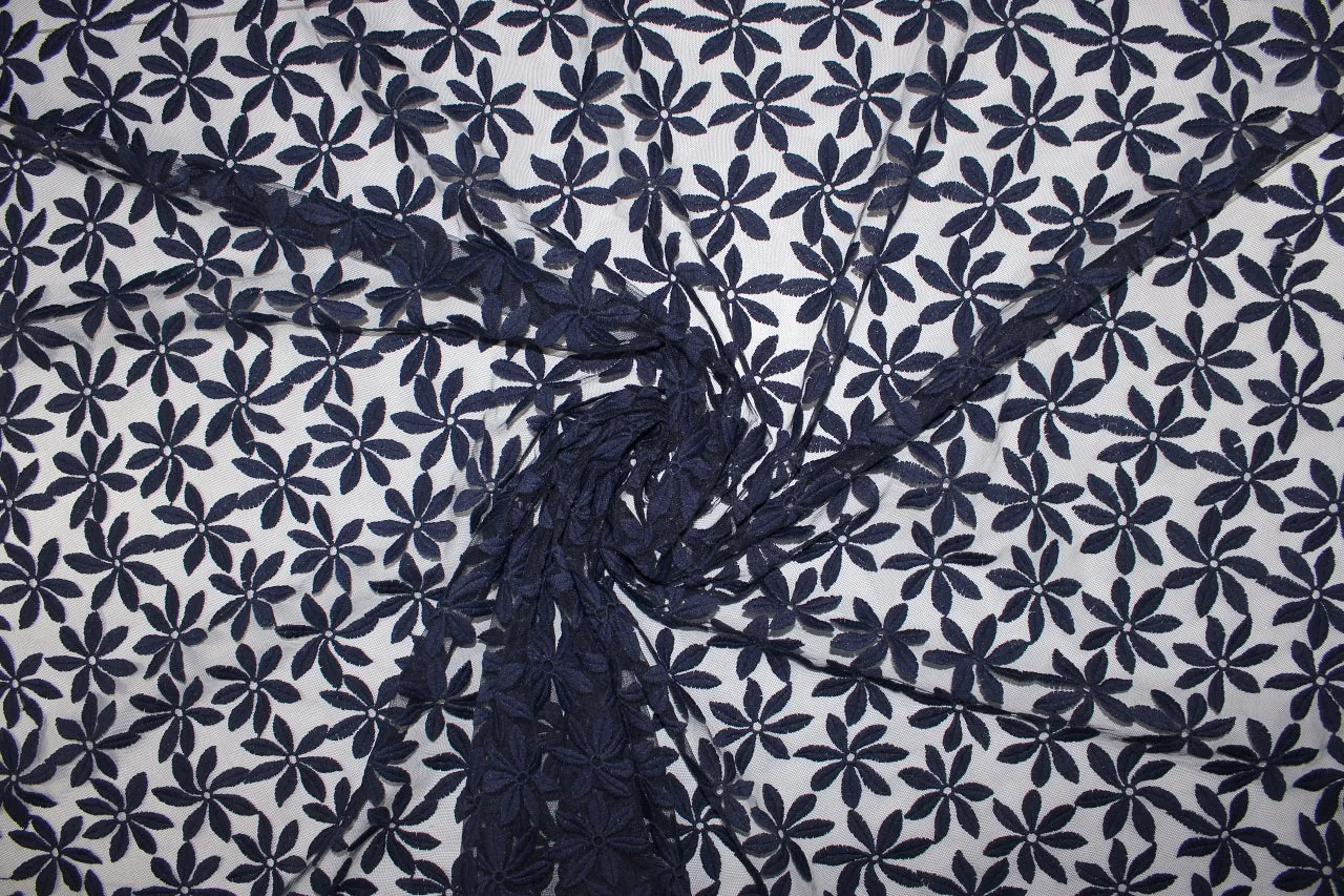 Embroidered Floral Mesh Lace - Navy