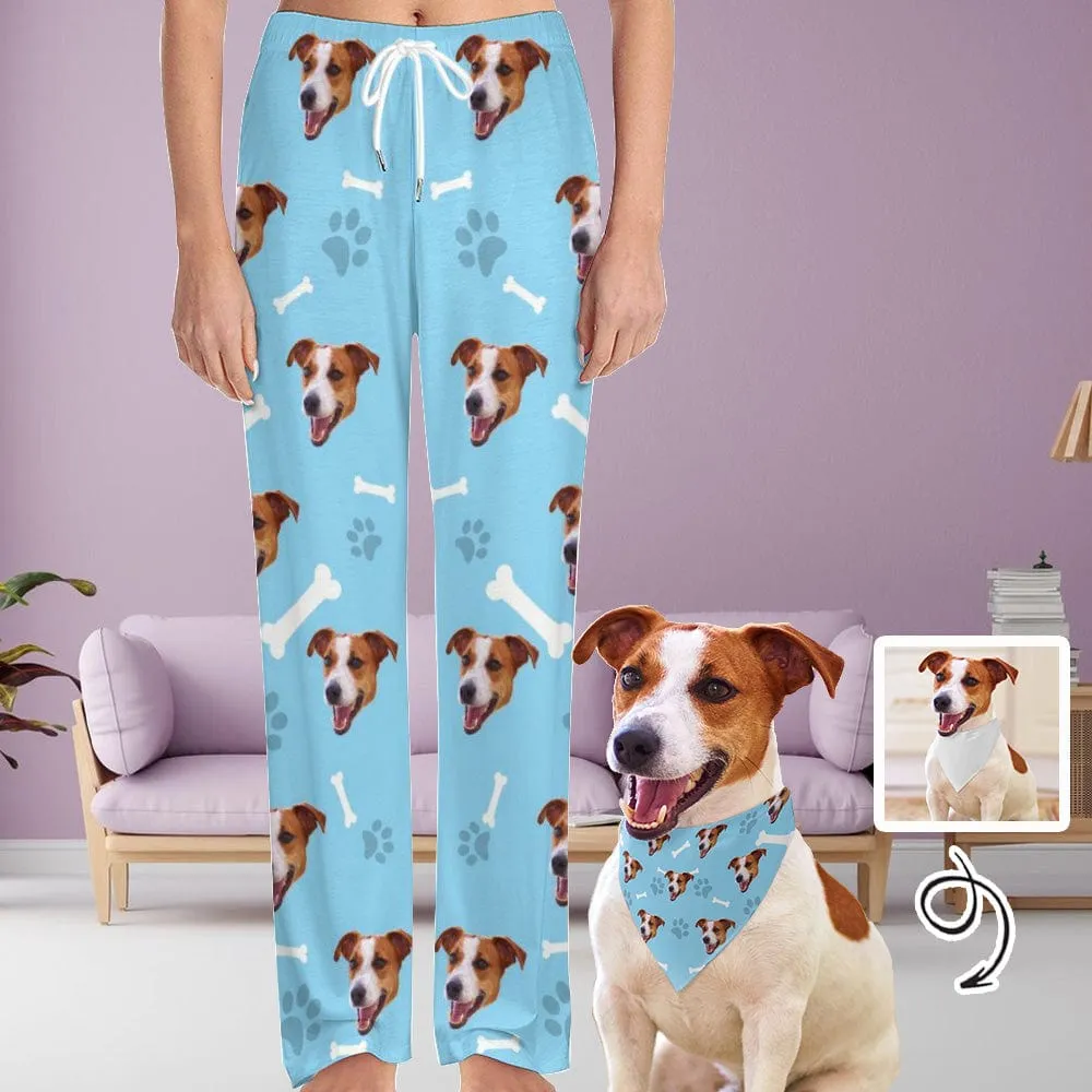 【Flash Sale】Custom Face Dog Bone Paw Print Blue Background Pajama Pants and Pet Dog Bandana