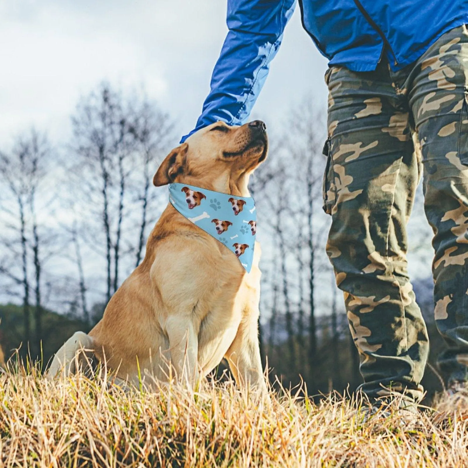 【Flash Sale】Custom Face Dog Bone Paw Print Blue Background Pajama Pants and Pet Dog Bandana