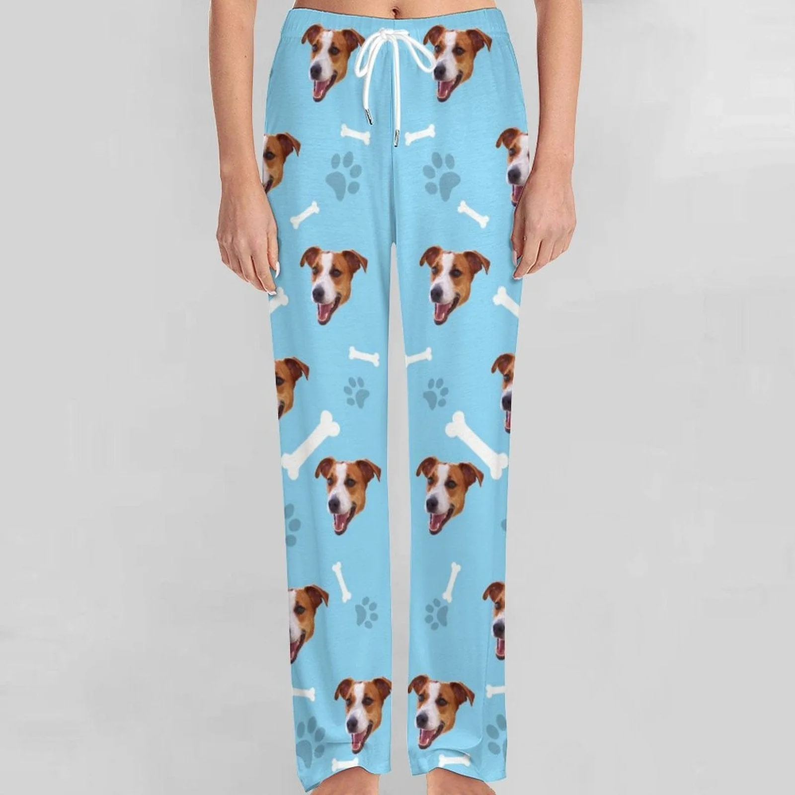 【Flash Sale】Custom Face Dog Bone Paw Print Blue Background Pajama Pants and Pet Dog Bandana