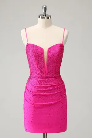 Fuchsia Bodycon Spaghetti Straps Ruched Mini Dress with Beading