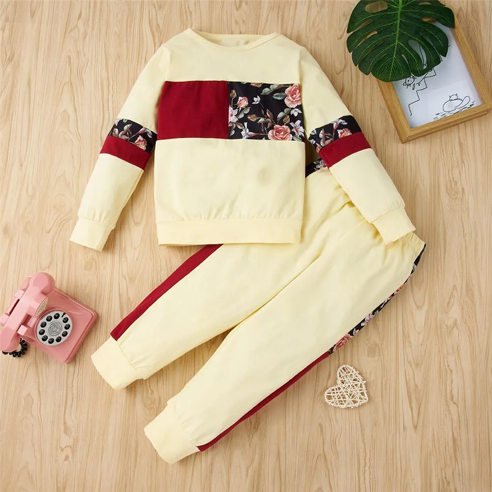 Girls Flower Printed Crew Neck Long Sleeve Top & Pants Girls Clothes Wholesale