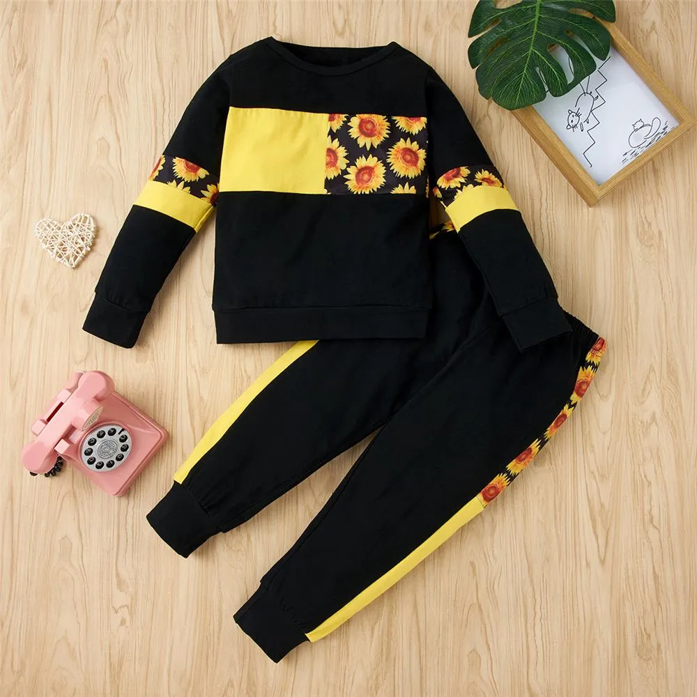 Girls Flower Printed Crew Neck Long Sleeve Top & Pants Girls Clothes Wholesale
