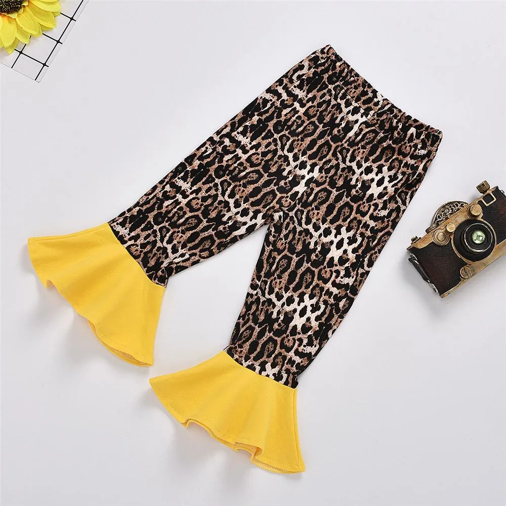 Girls Leopard Love Sunflower Printed Short Sleeve Top & Flared Pants Girls Clothing Wholesalers