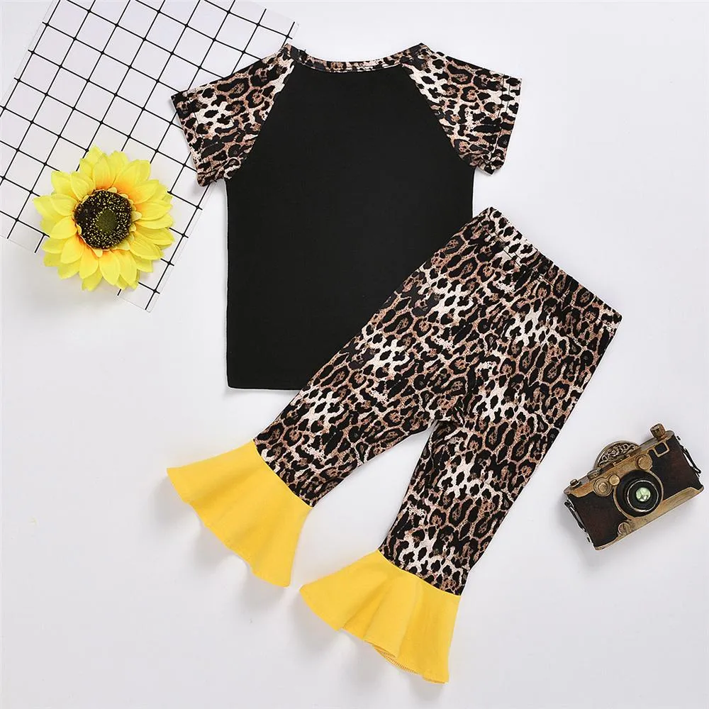 Girls Leopard Love Sunflower Printed Short Sleeve Top & Flared Pants Girls Clothing Wholesalers