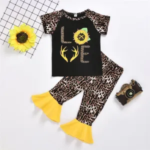 Girls Leopard Love Sunflower Printed Short Sleeve Top & Flared Pants Girls Clothing Wholesalers