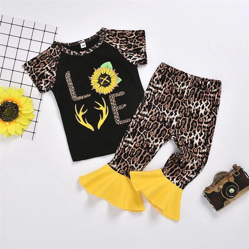 Girls Leopard Love Sunflower Printed Short Sleeve Top & Flared Pants Girls Clothing Wholesalers