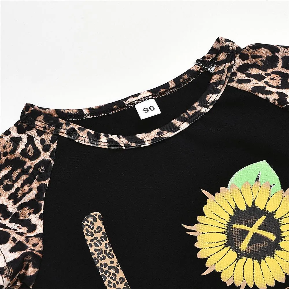 Girls Leopard Love Sunflower Printed Short Sleeve Top & Flared Pants Girls Clothing Wholesalers