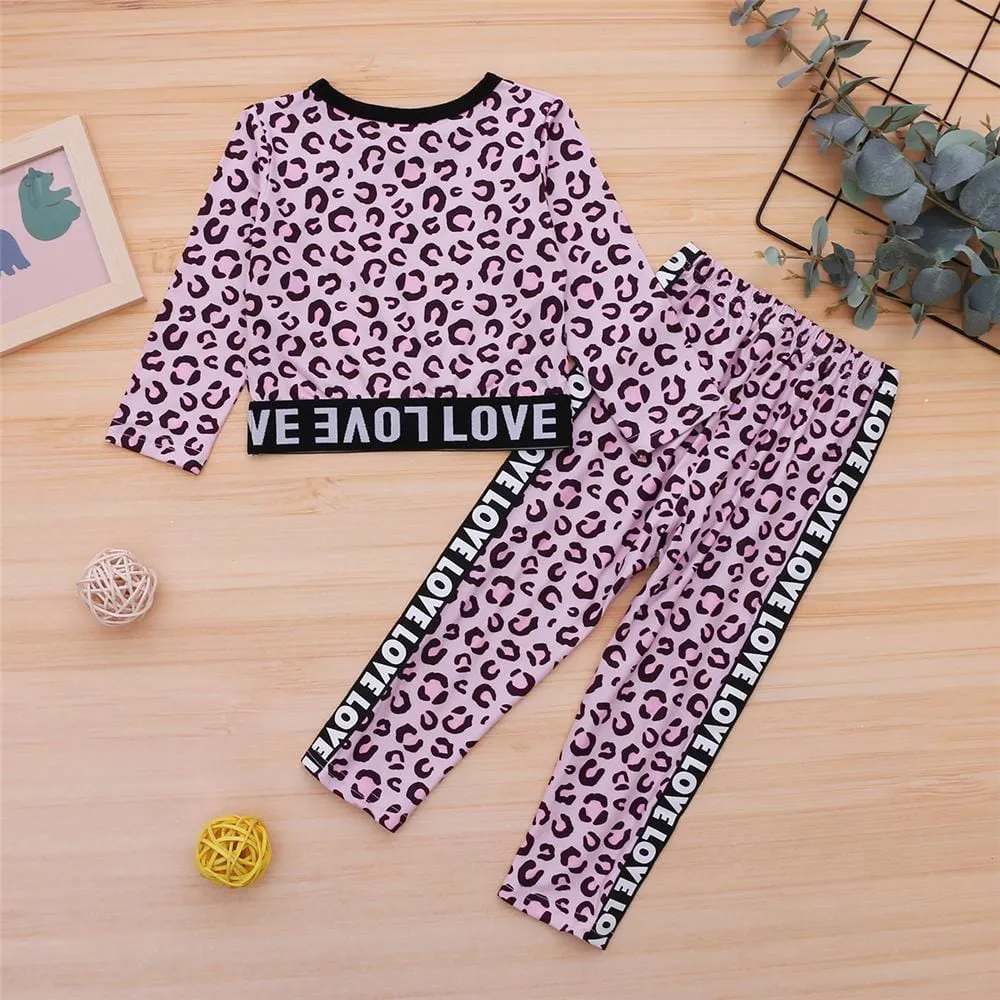 Girls Love Long Sleeve Leopard Zebra Printed Top & Pants Wholesale Girls Clothing