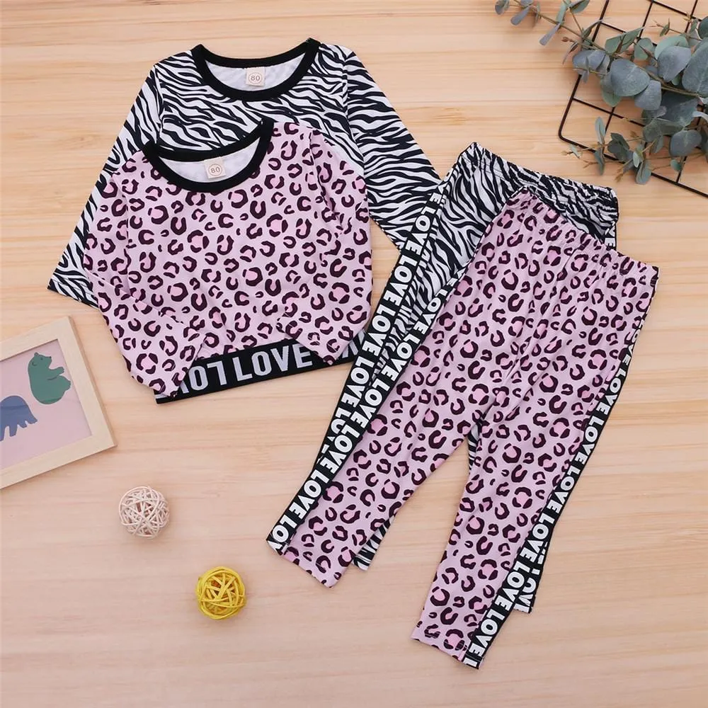 Girls Love Long Sleeve Leopard Zebra Printed Top & Pants Wholesale Girls Clothing