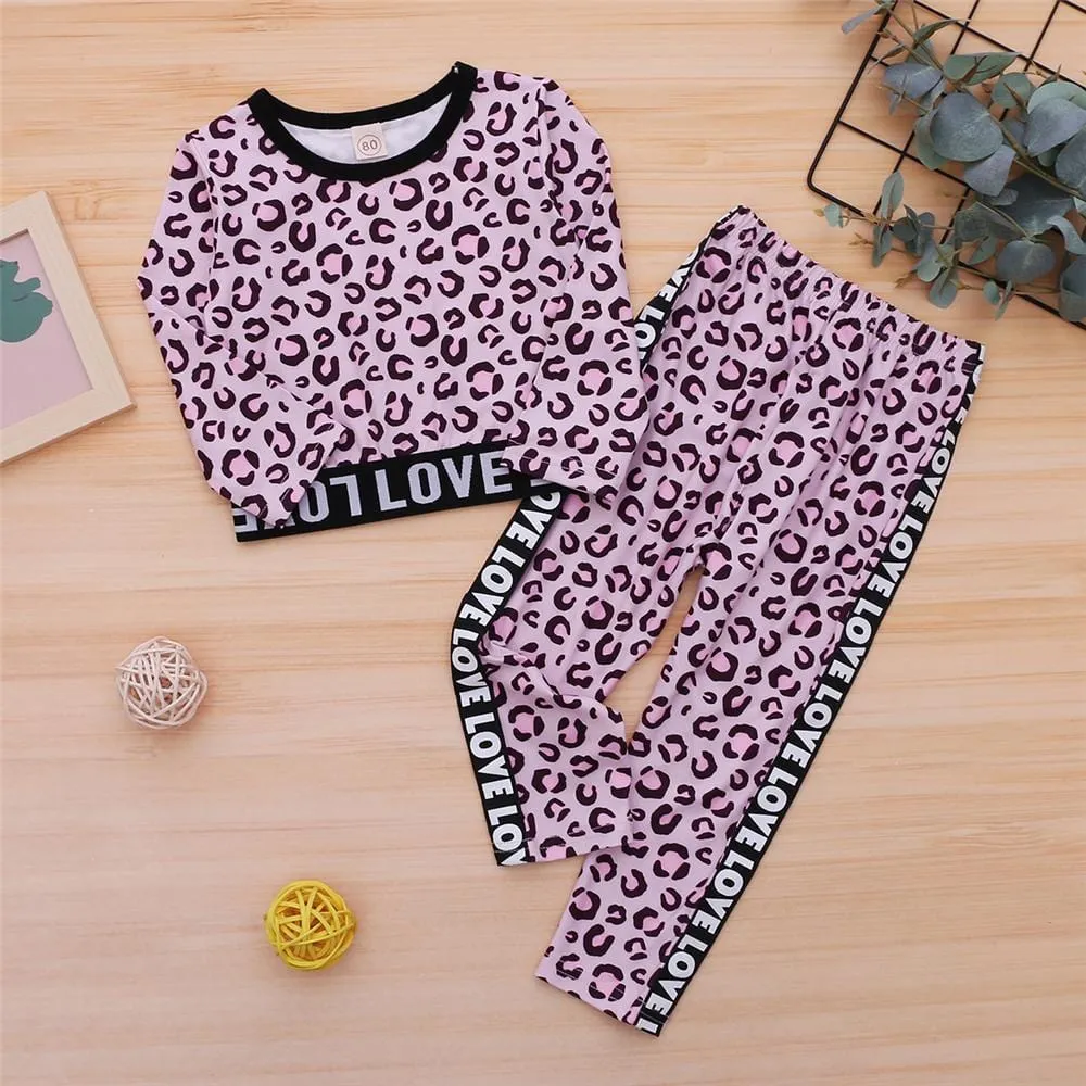 Girls Love Long Sleeve Leopard Zebra Printed Top & Pants Wholesale Girls Clothing