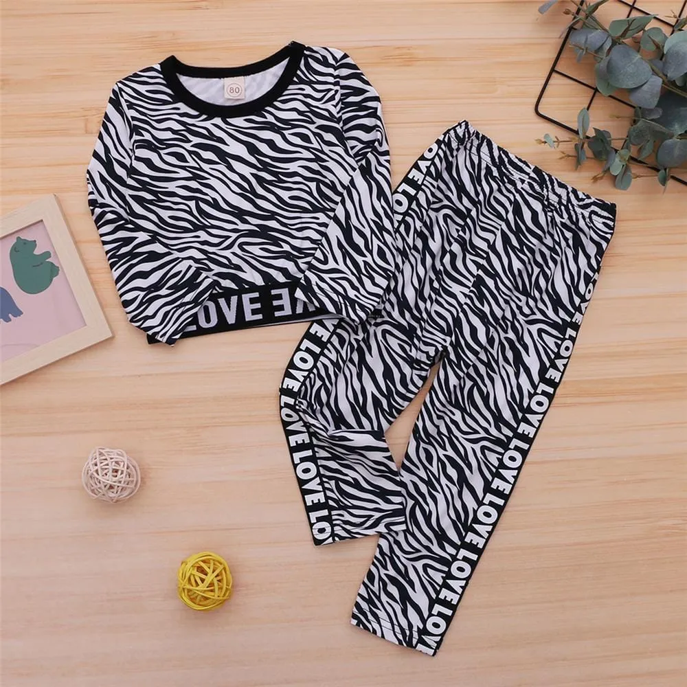 Girls Love Long Sleeve Leopard Zebra Printed Top & Pants Wholesale Girls Clothing