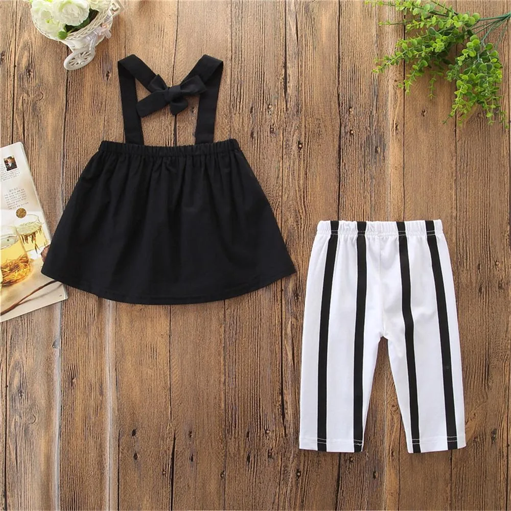 Girls Off-shoulder Solid Color Top & Striped Pants Toddler Girl Wholesale Clothing