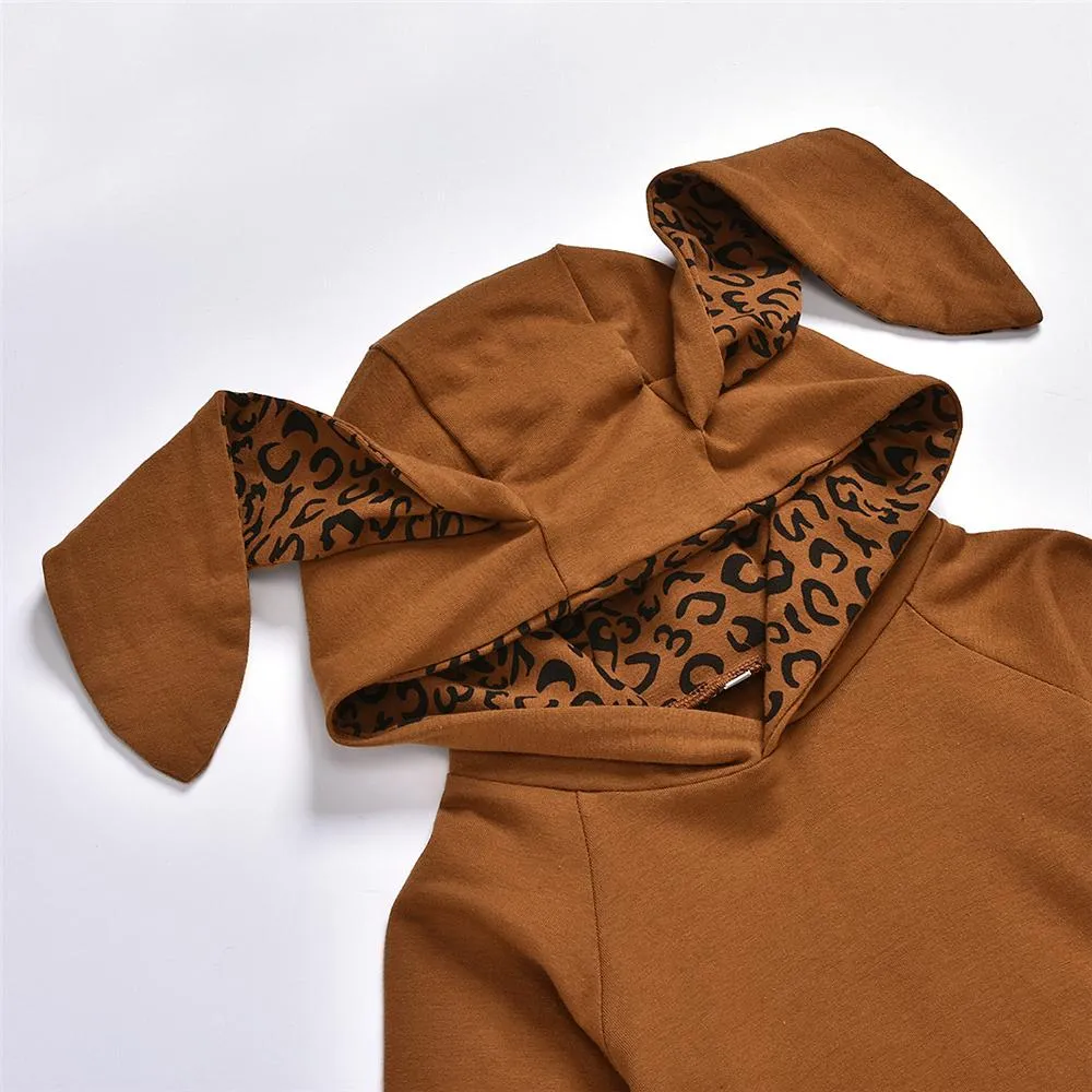 Girls Rabbit Leopard Printed Hooded Top & Pants Girls Clothing Wholesalers