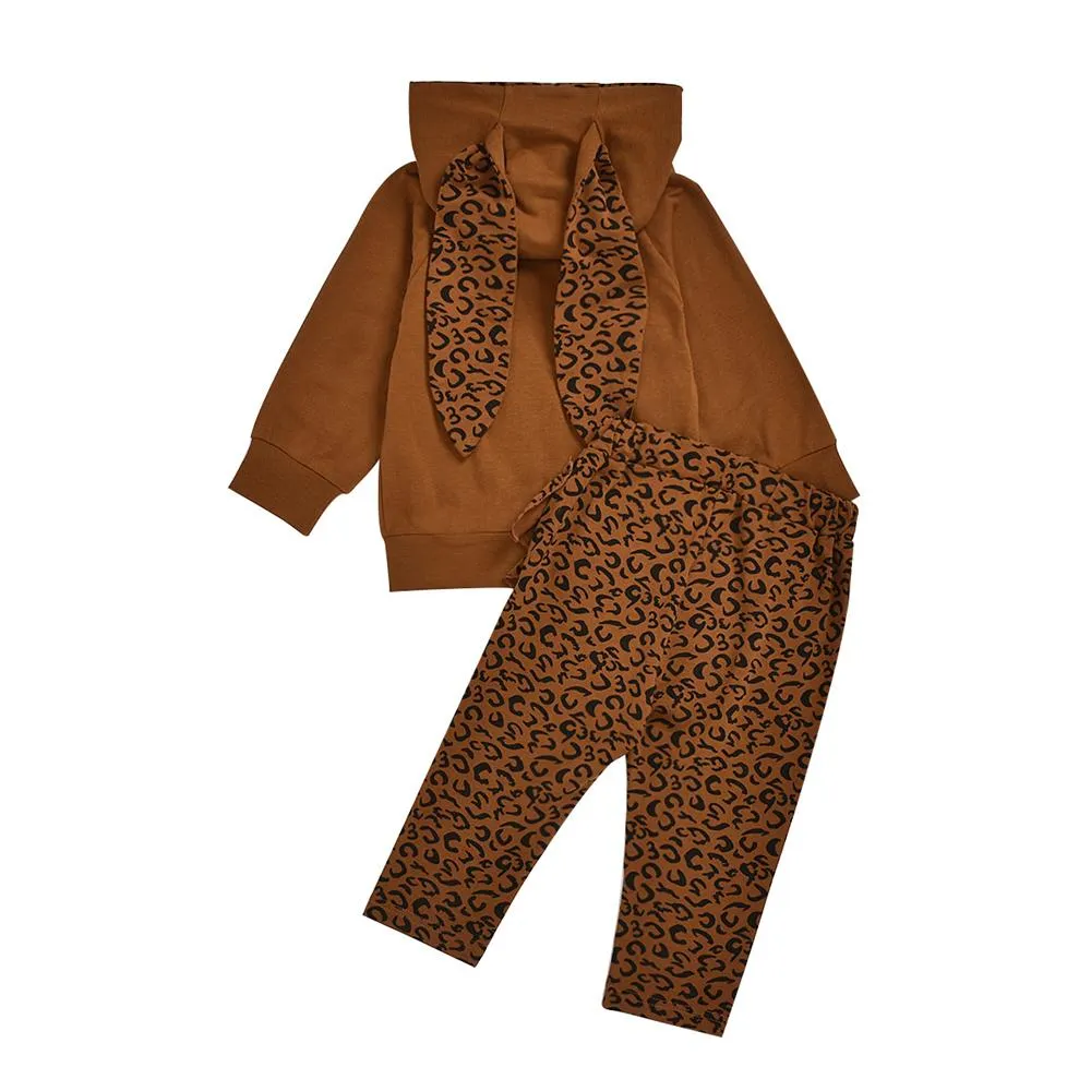 Girls Rabbit Leopard Printed Hooded Top & Pants Girls Clothing Wholesalers