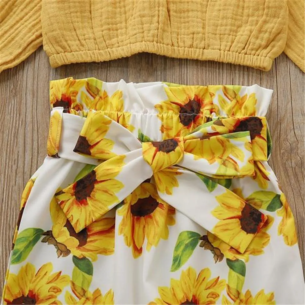Girls Solid Long Sleeve Top & Floral Printed Pants