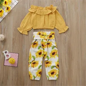 Girls Solid Long Sleeve Top & Floral Printed Pants