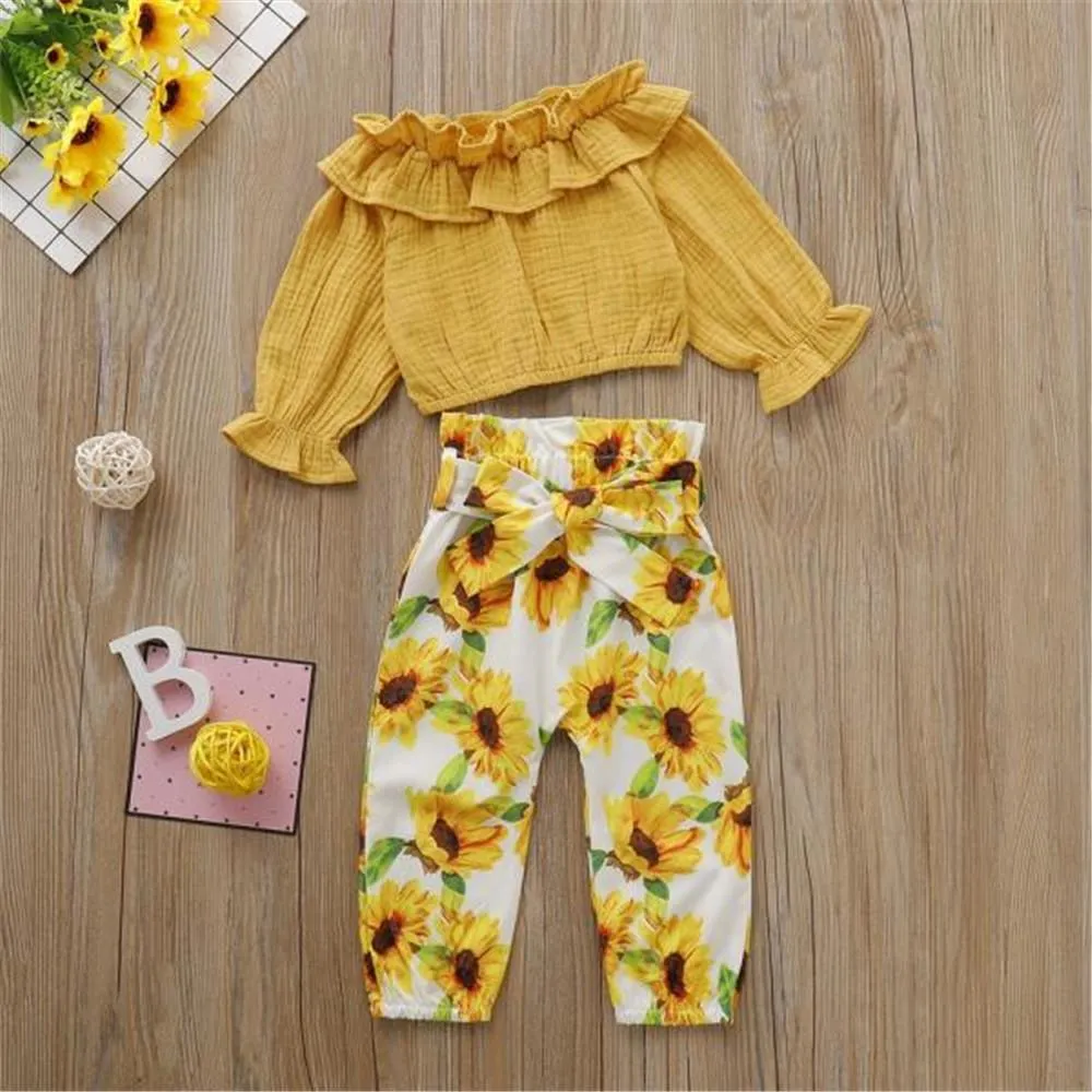 Girls Solid Long Sleeve Top & Floral Printed Pants