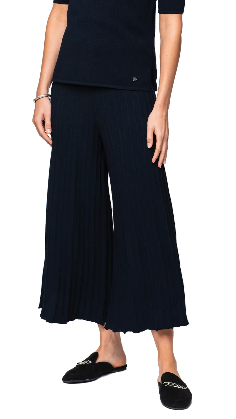 Giuliana Plisse-Look Cropped Wide Leg Pants - Dark Navy