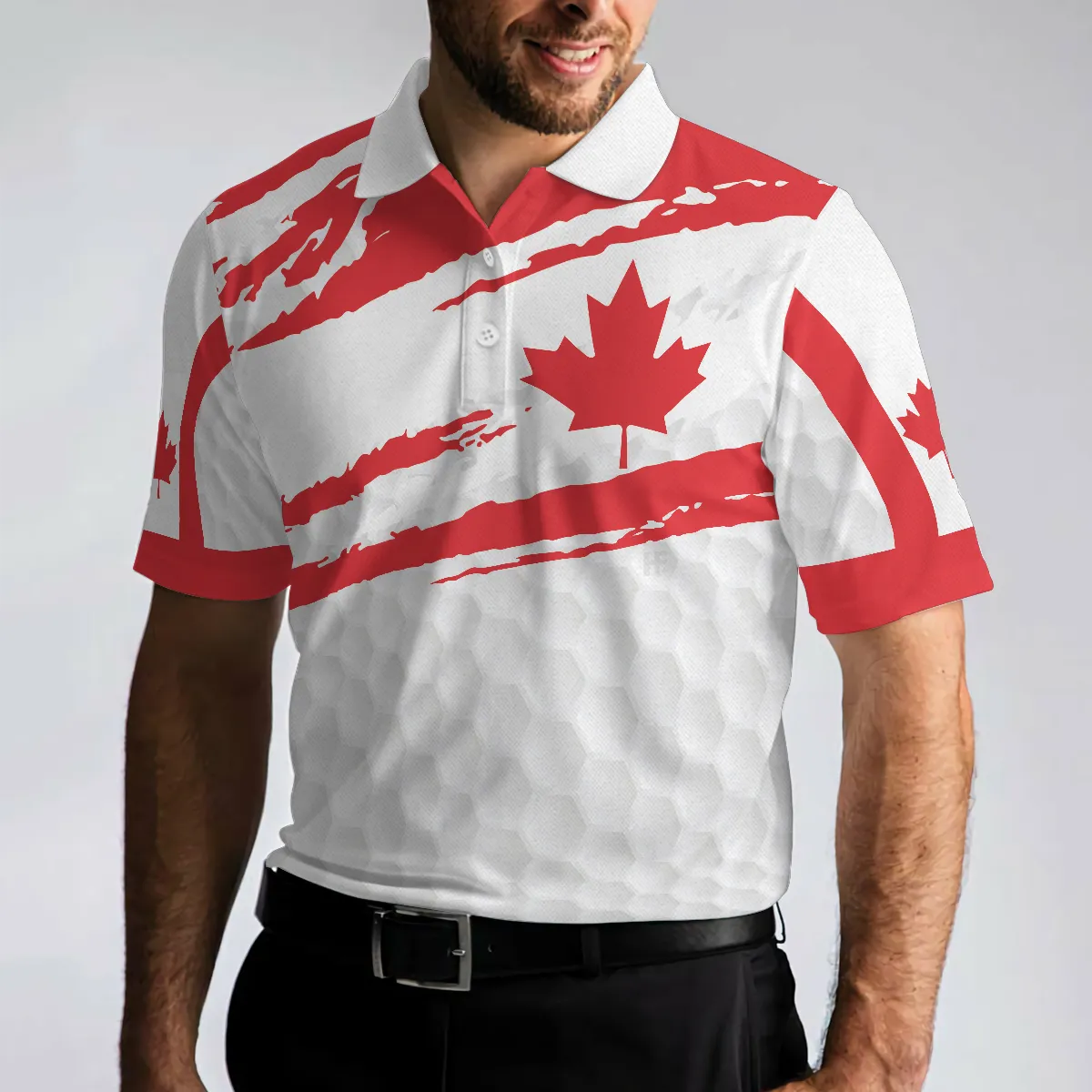 Golf Men Polo Shirt - Canada Flag Golf Texture Polo Shirt, Maple Leaves Polo Shirt - Best Golf Gift For Men- Perfect Gift For Friend, Family, Golfers