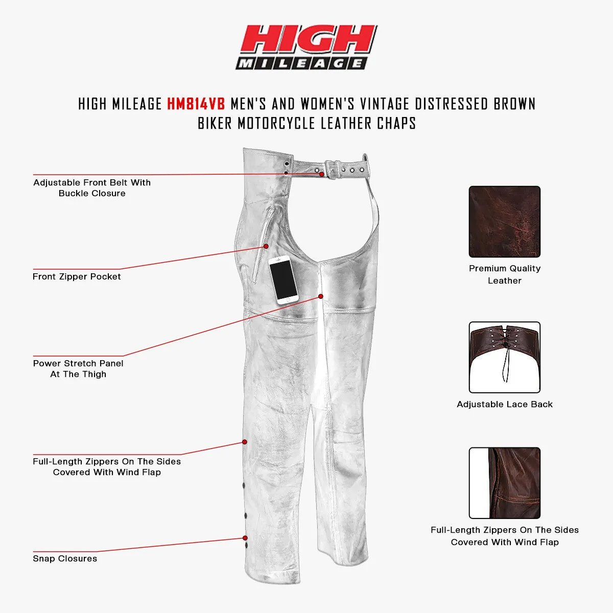 High Mileage Unisex Vintage Distressed Brown Biker Motorcycle Leather Chaps