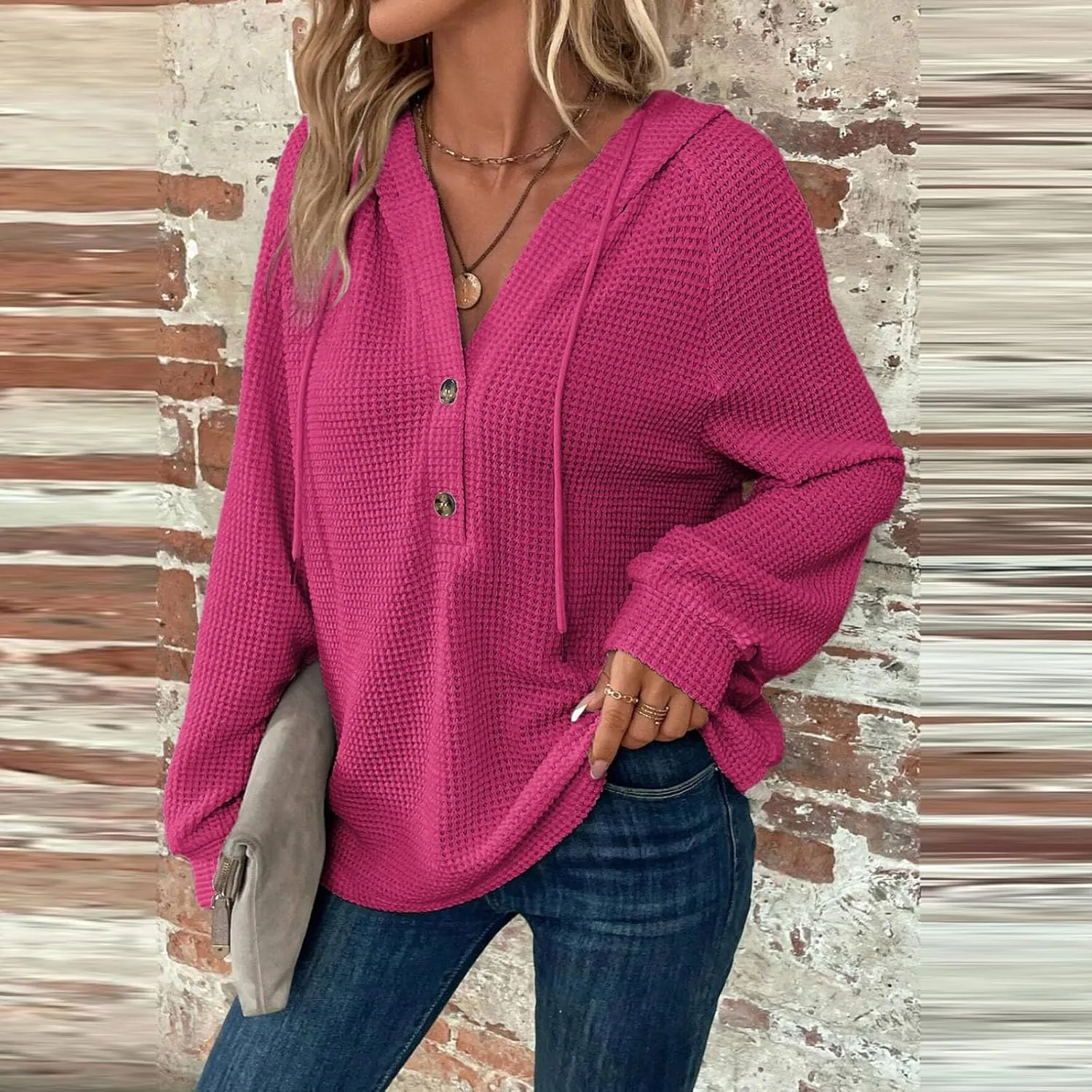 Hoodies for Women Waffle Knit Long Sleeve Drawstring Button V Neck Casual Pullover Sweatshirt Hooded Fall Tops 2024