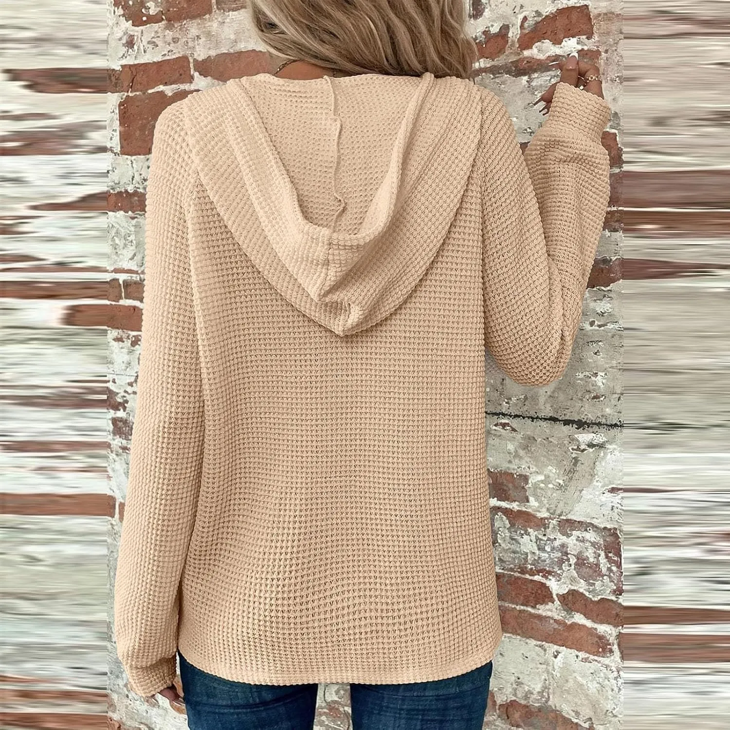 Hoodies for Women Waffle Knit Long Sleeve Drawstring Button V Neck Casual Pullover Sweatshirt Hooded Fall Tops 2024