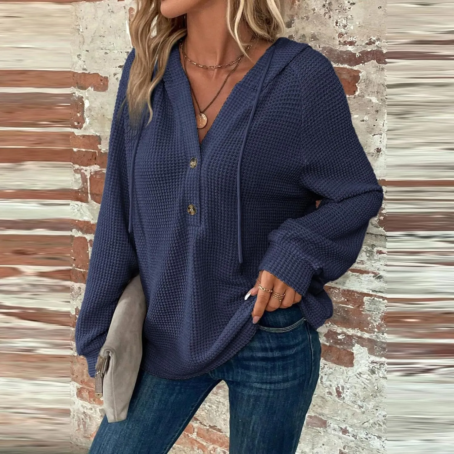 Hoodies for Women Waffle Knit Long Sleeve Drawstring Button V Neck Casual Pullover Sweatshirt Hooded Fall Tops 2024