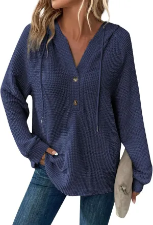 Hoodies for Women Waffle Knit Long Sleeve Drawstring Button V Neck Casual Pullover Sweatshirt Hooded Fall Tops 2024