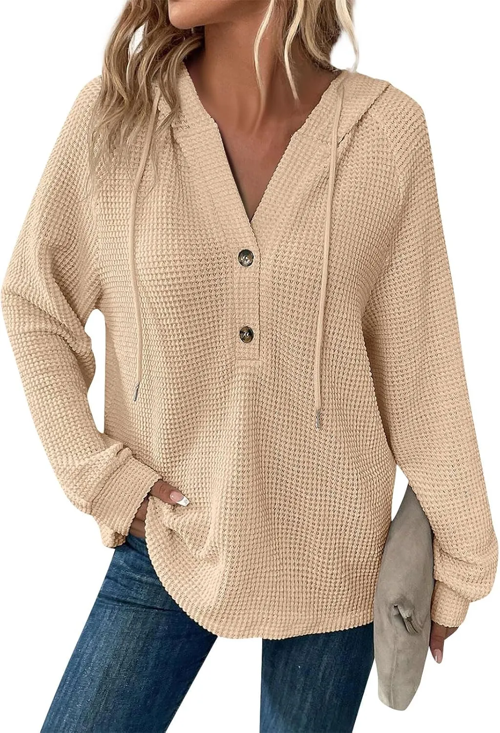 Hoodies for Women Waffle Knit Long Sleeve Drawstring Button V Neck Casual Pullover Sweatshirt Hooded Fall Tops 2024
