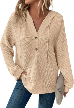 Hoodies for Women Waffle Knit Long Sleeve Drawstring Button V Neck Casual Pullover Sweatshirt Hooded Fall Tops 2024