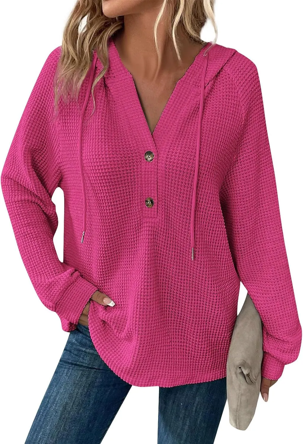 Hoodies for Women Waffle Knit Long Sleeve Drawstring Button V Neck Casual Pullover Sweatshirt Hooded Fall Tops 2024
