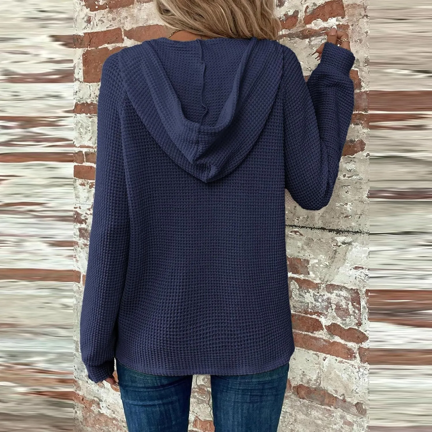 Hoodies for Women Waffle Knit Long Sleeve Drawstring Button V Neck Casual Pullover Sweatshirt Hooded Fall Tops 2024