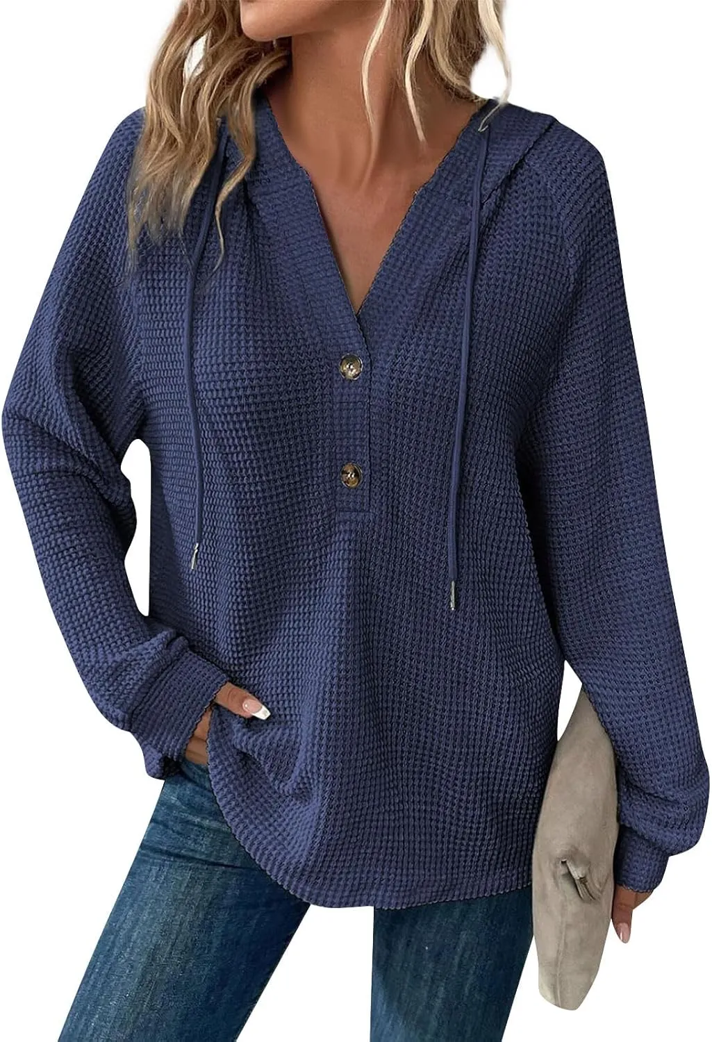 Hoodies for Women Waffle Knit Long Sleeve Drawstring Button V Neck Casual Pullover Sweatshirt Hooded Fall Tops 2024