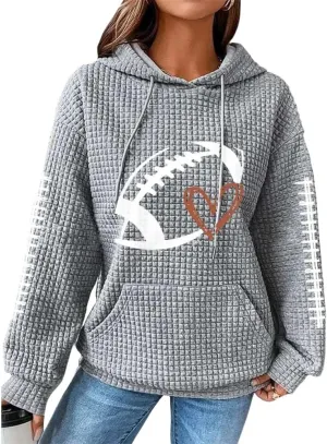 HOTYD Women Waffle Knit Hoodies Drawstring Football Graphic Game Day Sweatshirts Casual Long Sleeve Fashion Y2K Pullover