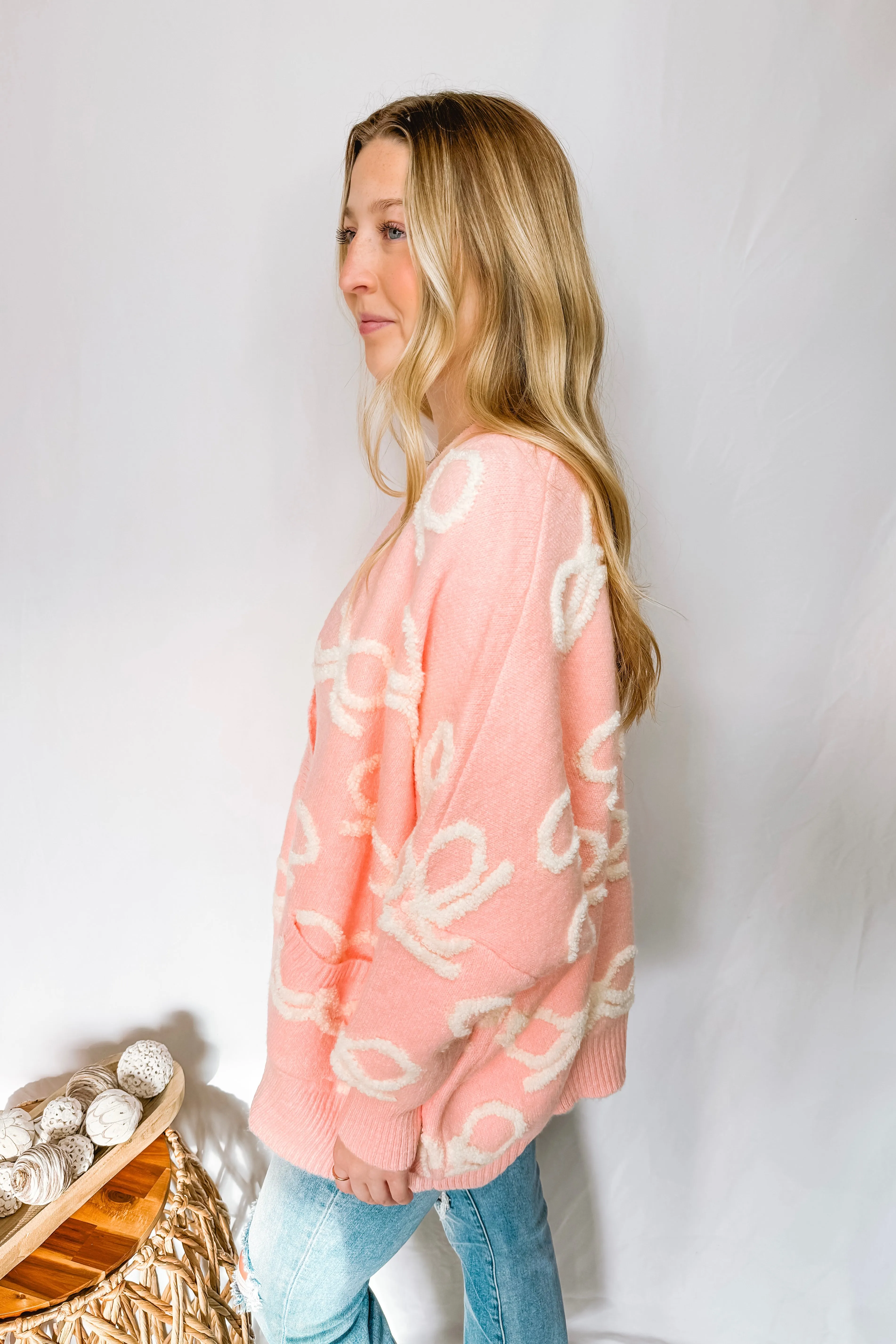 It's All Bows Oversized Ribbon Cardigan - Pink